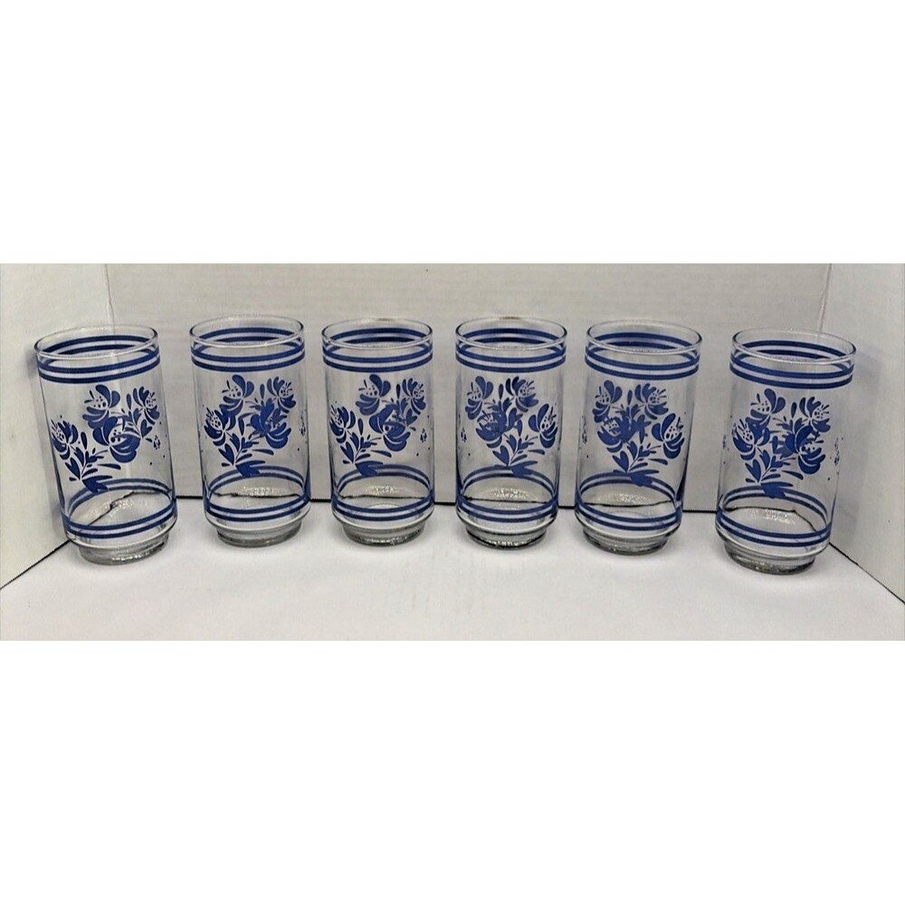 Vintage Pfaltzgraff Yorktowne Blue Floral 14 oz Tumblers Glassware Set of 6